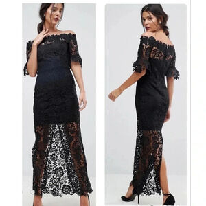 Paper Dolls London Black Off The Shoulder Frill Sleeve Crochet Lace Maxi Dress